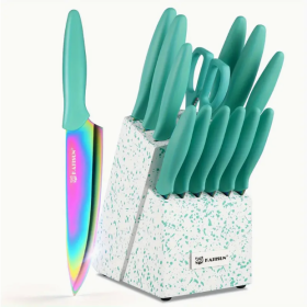 14-Piece Rainbow Colored High Carbon Stainless Steel Kitchen Knife Set, Titanium Coated Blade, Rust-Free & Super Sharp, Flatware Set With Wooden Stand