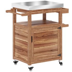 Outsunny Outdoor Grill Cart with Stainless Steel Top, Solid Wood Outdoor Kitchen Island with Wheels, Drawer, Side Handle, Brown