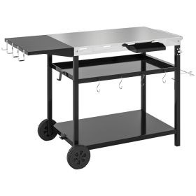 Outsunny Outdoor Bar Cart Grill Table with Stainless Steel Tabletop, Wheeled Outdoor Serving Cart Prep Table with Storage, Hooks