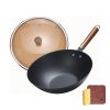 WANGYUANJI Iron Wok, 11.8" Lightweight Wok and Stir Fry Pan with Lid, Wooden Handle Carbon Steel Wok No Chemical Coated Flat Bottom Wok for Induction