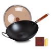 WANGYUANJI 14.2" Carbon Steel Wok, Wok Pan with Glass Lid, Woks & Stir-Fry Pans No Chemical Coated Wok for Induction, Electric, Gas