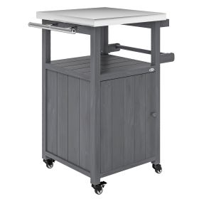 Outsunny Outdoor Grill Cart with Stainless Steel Top, Solid Wood Outdoor Kitchen Island with Wheels, Integrated Hole, Dark Gray