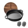 WANGYUANJI 11"Cast Iron Wok with Dual Handles and Wooden Lid, Uncoated Frying Pan for Gas and IH, Chinese Thickened Pancake Pan