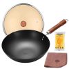 WANGYUANJI 11.8" Carbon Steel Wok Pan, Stir Fry Pans with Glass Lid, No Chemical Coated Iron Wok for Induction, Electric, Gas, Halogen All Stoves