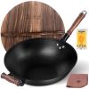 WANGYUANJI 14.2" Cast Iron Wok, Craft Wok Chinese Wok, Flat Bottom Iron Woks with Wooden Lid, Fry Pan Suitable for Induction, Electric, Gas
