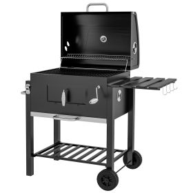 Outsunny Charcoal BBQ Grill and Smoker Combo Outdoor Portable Trolley Camping Picnic Backyard with Side Shelf, Black