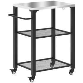 Outsunny 3-Shelf Outdoor Grill Cart with Stainless Steel Tabletop, Movable Pizza Oven Table with Hooks, Side Handle, Wheels