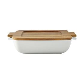 Ceramic Oven to Table Serveware Dish with Acacia Lid, 13.39 x 9.06 x 3.39 in