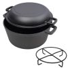 2 in 1 Pre-Seasoned Cast Iron Dutch Oven With Dual Handles, Outdoor Camping Deep Pot for Camping Fireplace Cooking BBQ Baking Campfire