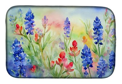 Texas Bluebonnets in Watercolor Dish Drying Mat Absorbent Dish Drying Mat Pad for Kitchen Counter Dish Drainer Mat for Countertop, 14 x 21"