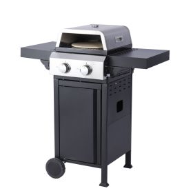 2-Burner Propane Gas BBQ Grill, Pizza Box, 24600BTU Output With Wire Enamel Cooking Grids For Outdoor Barbecue, Foldable Side Table, Hanging Basket