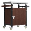 Outdoor Grill Cart with Stainless Steel Tabletop, Patio Kitchen Island with Wheels, Hooks, and Spice Rack, Waterproof Outdoor Grill Table