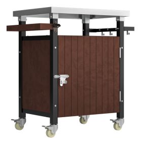 Outdoor Grill Cart with Stainless Steel Tabletop, Patio Kitchen Island with Wheels, Hooks, and Spice Rack, Waterproof Outdoor Grill Table