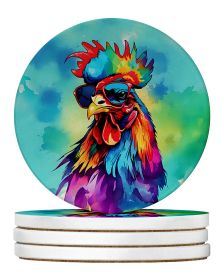 Hippie Animal Rooster Large Sandstone Coasters Pack of 4 Absorbent Round Coasters Decor Gifts for Men or Women, 4 in, Multicolor