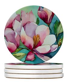 Louisiana Magnolias in Watercolor Large Sandstone Coasters Pack of 4 Absorbent Round Coasters Decor Gifts for Men or Women, 4 in, Multicolor