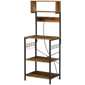Baker's Rack with Charing Station, Microwave Shelf with Power Outlet, USB Charger and 5 Hooks, Rustic Brown