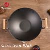 WANGYUANJI Large Cast Iron Wok 14.2", Classic Dual Handles Frying Pan, Large-capacity Commercial Household, Wooden Handles, For All Stove