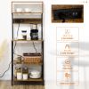 Baker's Rack with Charing Station, Microwave Shelf with Power Outlet, USB Charger and 5 Hooks, Rustic Brown