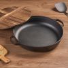 WANGYUANJI 11"Cast Iron Wok with Dual Handles and Wooden Lid, Uncoated Frying Pan for Gas and IH, Chinese Thickened Pancake Pan