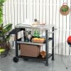 Outsunny Grill Cart Table Outdoor, 3-Shelf Stainless Steel, Pizza Oven Stand, Black with BBQ Wheels & Side Handle