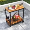 Outsunny Acacia Wood Outdoor Bar Cart with Wheels, Rolling 2-Tier Coffee & Drink Cart with 3 Bottle Holders, Teak