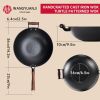 WANGYUANJI 14.2" Cast Iron Wok, Craft Wok Chinese Wok, Flat Bottom Iron Woks with Wooden Lid, Fry Pan Suitable for Induction, Electric, Gas