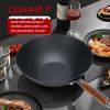 WANGYUANJI Iron Wok, 11.8" Lightweight Wok and Stir Fry Pan with Lid, Wooden Handle Carbon Steel Wok No Chemical Coated Flat Bottom Wok for Induction