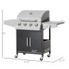 Outsunny 52" Barbecue Grill with Wheels, 4+1 Burner Liquid Propane Gas Grill, Outdoor Cabinet Style BBQ Trolley w/ Side Burner, Warming Rack, Silver