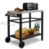 Stainless Steel Flattop Grill Cart, Movable BBQ Trolley Food Prep Cart, Multifunctional Worktable Island with Two Wheels, Hooks