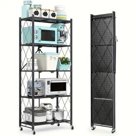 5-Tier Foldable Storage Rack with Wheels Multi-Purpose Metal Organizer for Kitchen Garage Laundry Room No Assembly Required Mobile Storage Shelf (size: 5-Tier)