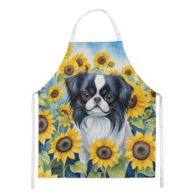 Japanese Chin in Sunflowers Apron Cooking Kitchen Server Baking Crafts Gardening for Adult Women Men, Unisex, Large, Multicolor (Default: Default)